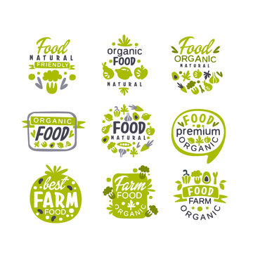 Hand drawn gray and green organic healthy food logo set. Fresh farm products. Creative labels with vegetables and fruits. Vector collection