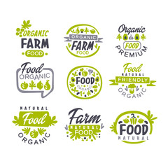 Creative hand drawn gray and green design of organic food logo set. Fresh farm products. Labels for shop or market. Vector collection