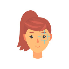 Face of young woman, eye with a target centred, ophthalmology concept cartoon vector Illustration