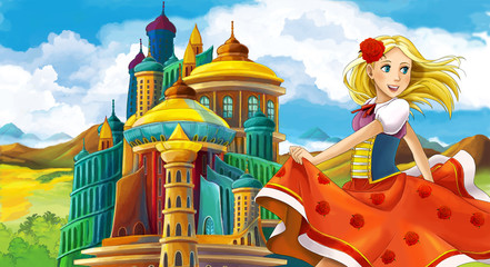 cartoon scene with young and beautiful princess near the castle standing and looking - illustration for children 