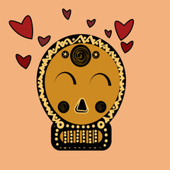 skull in love ironic icon. dead love style scary scull graphic illustration. Demonic infernal creature, horned wicked Baphomet symbol.