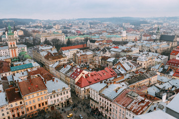 Fototapeta na wymiar Beautiful view from the roof to the center of Lviv in the winter