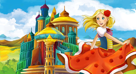 cartoon scene with young and beautiful princess near the castle standing and looking - illustration for children 