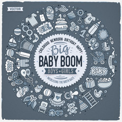 Set of Baby cartoon doodle objects round frame