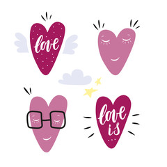 Hand drawn hearts characters. Set of 4 icons with design elements