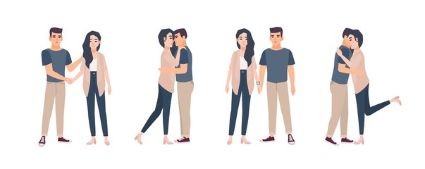 Collection of young couple standing in various poses. Bundle of man and woman embracing, hugging, holding hands. Set of flat cartoon characters isolated on white background. Vector illustration.