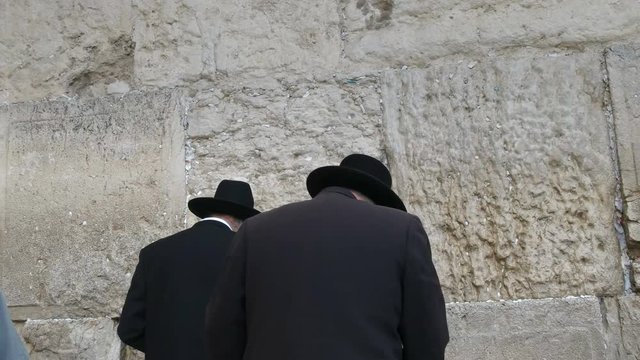 the backs of two jewish men praying at the wailing wall in jerusalem