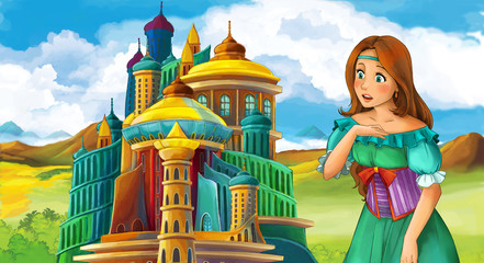 cartoon fairy tale scene with beautiful girl - standing in front of a castle - illustration for children