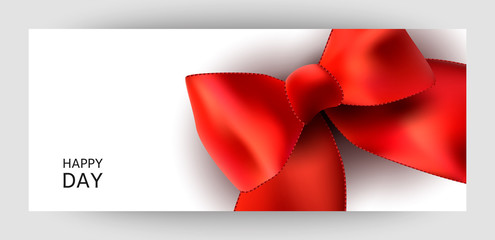 Horizontal gift design background with a red bow. Invitation For Valentine's Day, Wedding, Birthday. For a banner, postcards. flyer, label, certificate, company card. Vector.