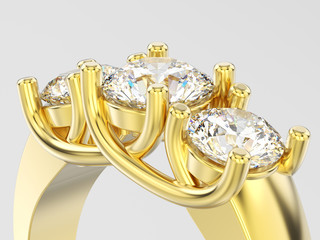 3D illustration close up yellow gold three stone diamond ring