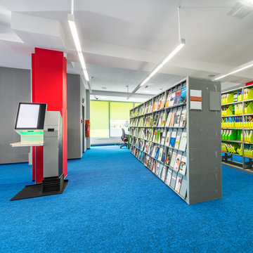 Library interior with functional shelves