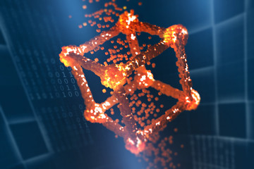 Visual concept of conducting transactions. Blockchain technology. Global decentralized database of the future. Protection and storage of digital data. Array of orange blocks on a dark blue background