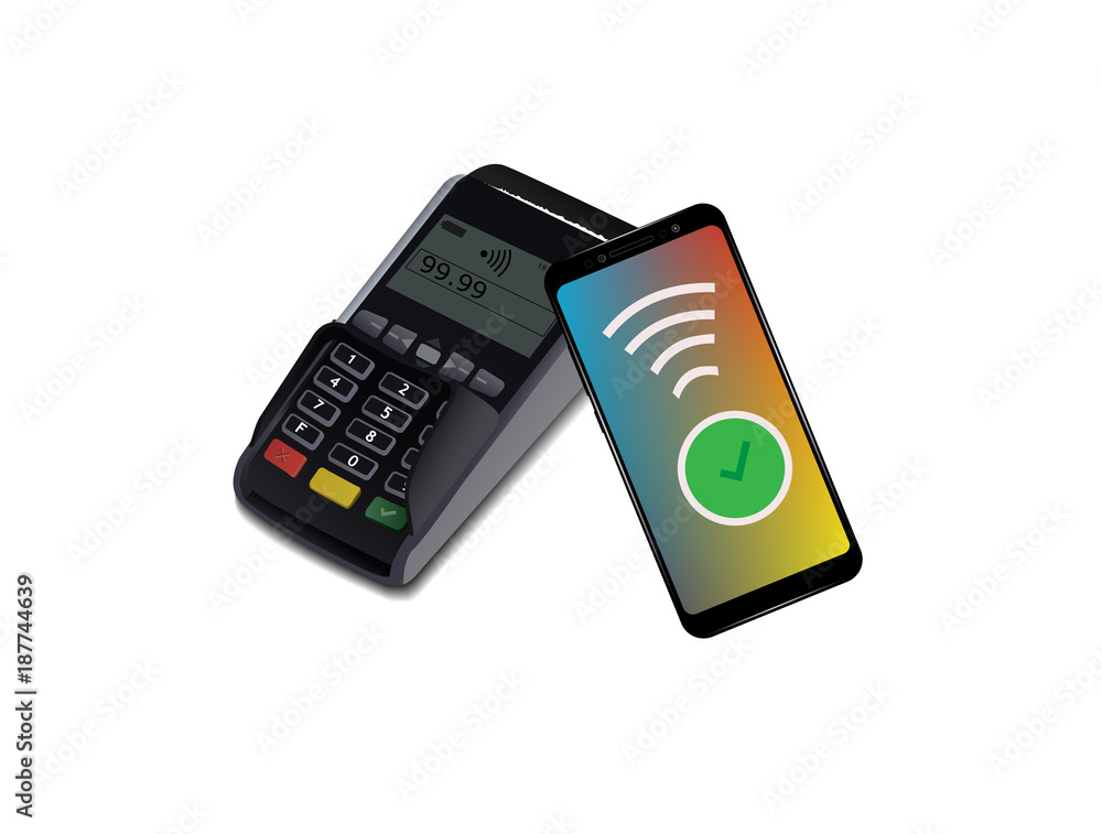 Poster pos terminal with smartphone, contactless payment. near-field communication protocol. vector icon. w