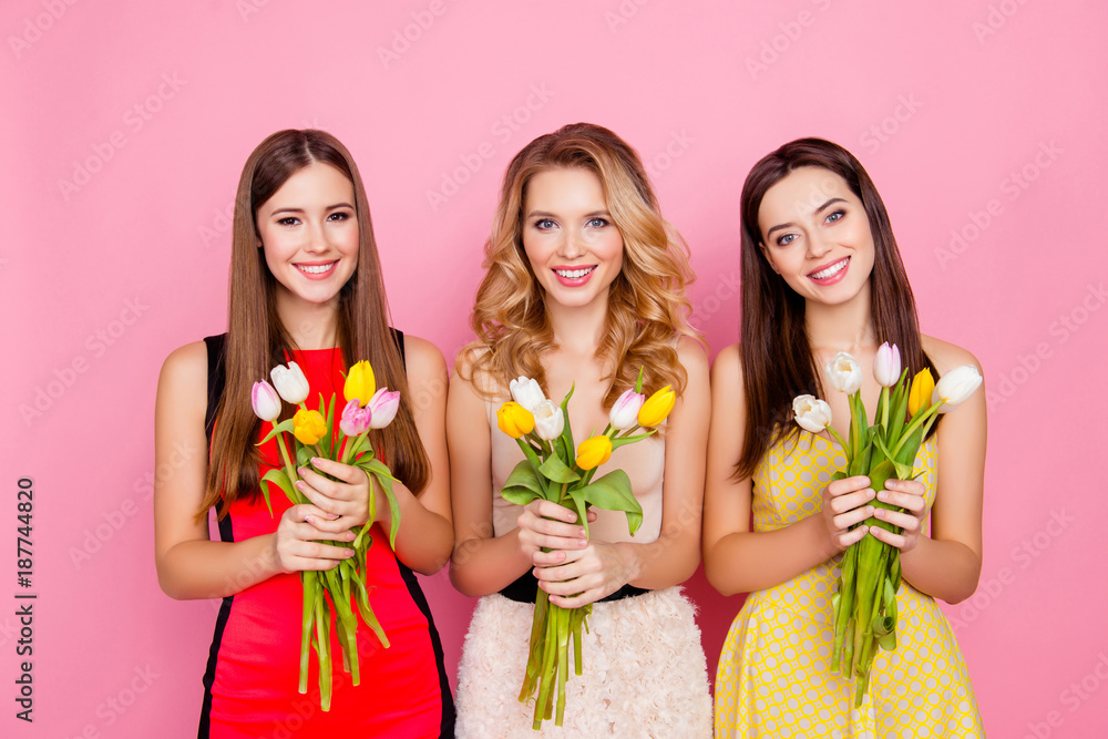 Wall mural Pretty, nice trio of girls in dresses, having colorful tulips in hands, looking at camera, celebrating eighth march, women's day, standing over pink background