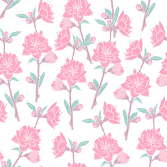 Obraz premium Gorgeous seamless pattern with blooming pink rose on white background. Backdrop with beautiful tender flowers. Colored vector illustration in antique style for wrapping paper, wallpaper, fabric print.