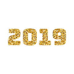 Happy new 2019 year. Gold glitter particles and sparkles. Holidays vector design element for calendar, party invitation, card, poster, banner, web