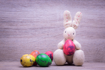Colorful easter eggs and rabbit doll on wooden background.