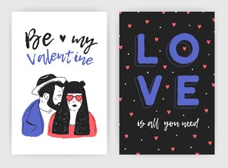 Bundle of Valentine s day greeting card, party invitation or flyer templates with hand drawn pair of young man and woman in love and inscriptions. Colorful modern holiday vector illustration.