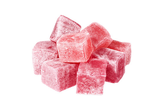 Heap of pink rahat-lokum isolated on white background