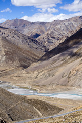 Himalayan landscape in Himalayas mountains along Manali - Leh highway. Himachal Pradesh, India