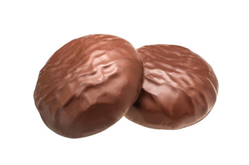 Chocolate covered marshmallow. Isolated on white background