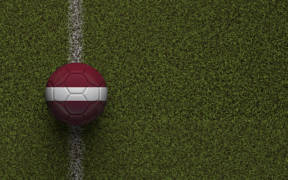 Latvia flag football on a green soccer pitch. 3D Rendering