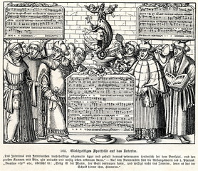 Mocking image about interims of Augsburg and Leipzig, 1648(from Spamers Illustrierte  Weltgeschichte, 1894, 5[1], 384)