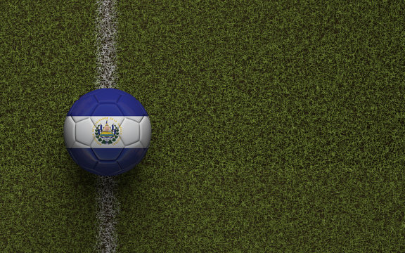 El Salvador flag football on a green soccer pitch. 3D Rendering
