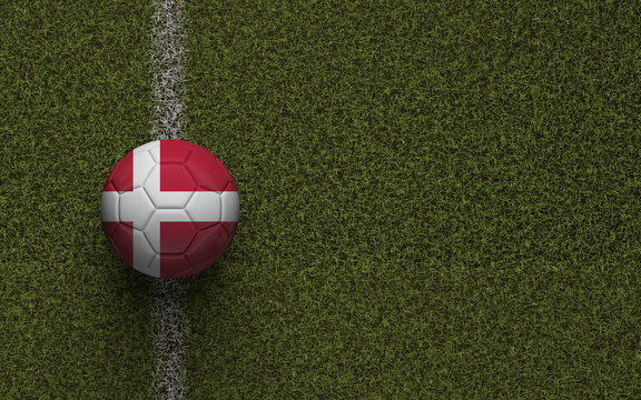 Denmark flag football on a green soccer pitch. 3D Rendering