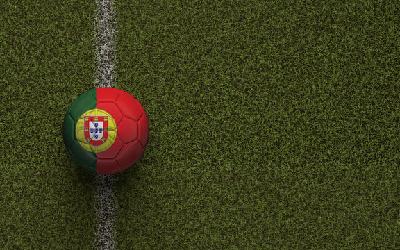 Portugal flag football on a green soccer pitch. 3D Rendering