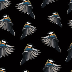 little tit bird seamless pattern on a black background