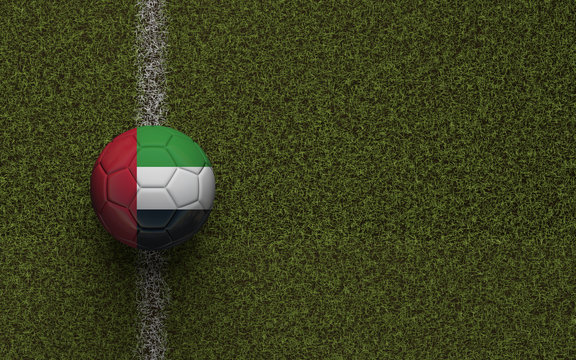 UAE flag football on a green soccer pitch. 3D Rendering