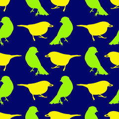 yellow and green birds silhouette seamless pattern on a blue background