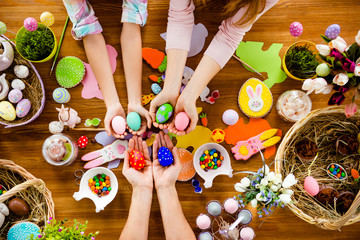 Top view horizontal photo of attractive beautiful colorful easter handmade objects subjects things...