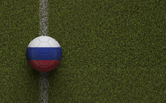 Russia flag football on a green soccer pitch. 3D Rendering