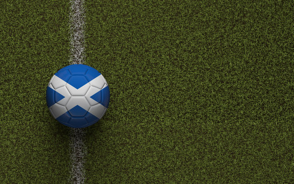Scotland flag football on a green soccer pitch. 3D Rendering