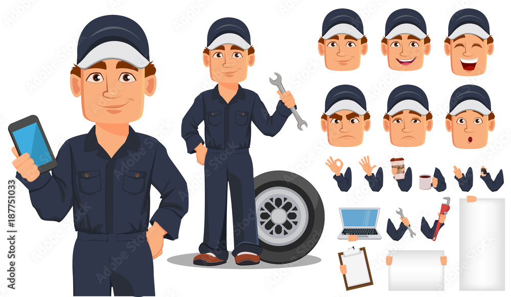 Sticker Professional auto mechanic cartoon character creation set.