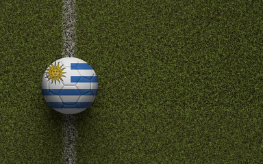Uruguay flag football on a green soccer pitch. 3D Rendering