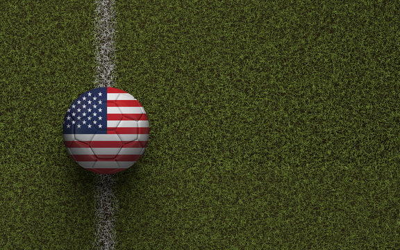 USA flag football on a green soccer pitch. 3D Rendering
