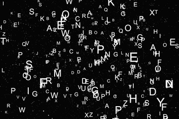 Abstract white alphabet fly on black background