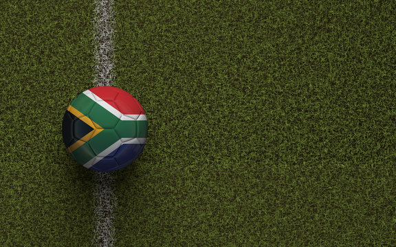 South Africa flag football on a green soccer pitch. 3D Rendering