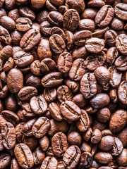 Roasted coffee beans. Top view.
