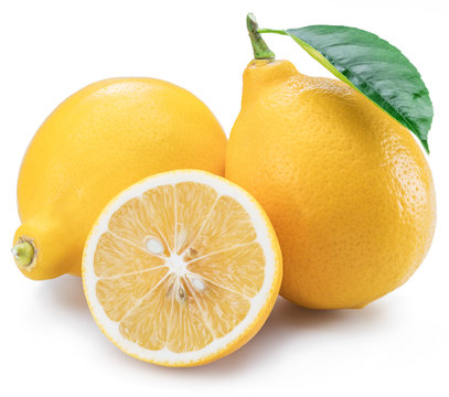 Ripe lemon fruits with lemon leaf on the white background.
