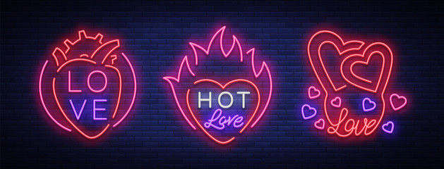 Fototapeta premium Love is a set of symbols. Collection of neon signs on the theme of Valentine s Day. Flaming banner for greetings, leaflet, flyer. Bright night neon advertisement for the day of lovers. Vector