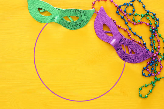 Top view image of masquerade background. Flat lay. Mardi Gras celebration concept.