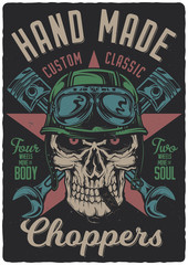 Vintage poster. Motorcycle theme. Skull, pistons and wrenches