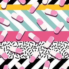 Pills and capsules seamless pattern, pop modern design, bold colors and geometry, vector illustration