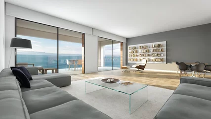 Foto op Plexiglas Salón moderno interior decoración con vista al mar © toufete