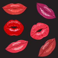 Set beauty fashion women's sexy lips,lipstick,love vector icon,logo isolated pop art background.Red lips close up girl.Shape kiss,kissing lips.Women's mouths,fashionable lipstick symbol.Valentines day