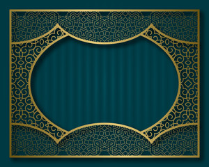 Vintage golden frame in oriental style. Label, nameplate or greeting card background template.